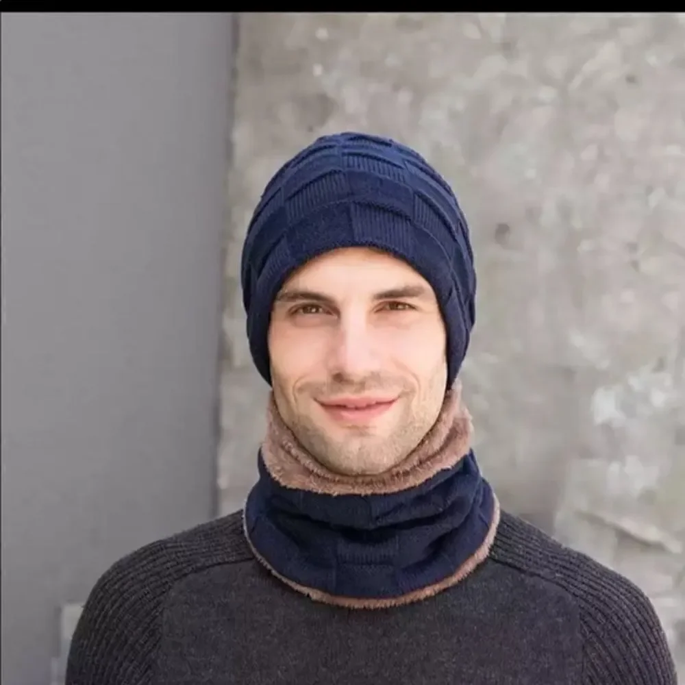 Brand New Winter Men Knit Beanie Hat with Neck Warmer Scarf  Set 2-Piece